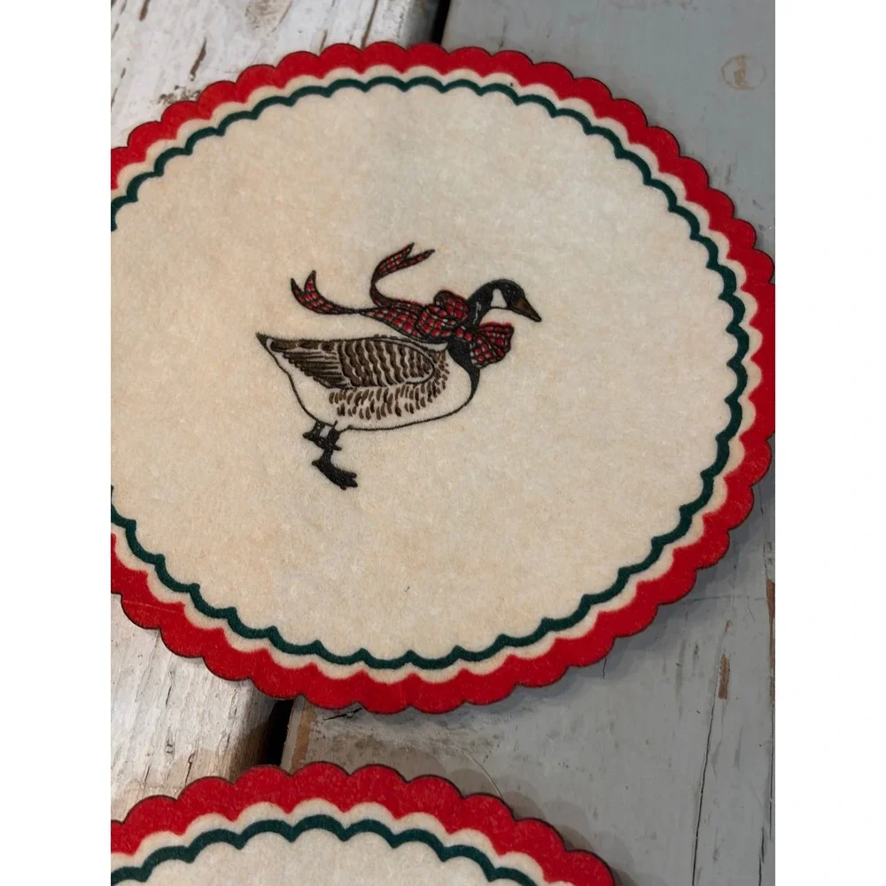 Vintage Canada Goose Felt Coasters Set of 6 Red Green Scalloped Edge 6 Inch